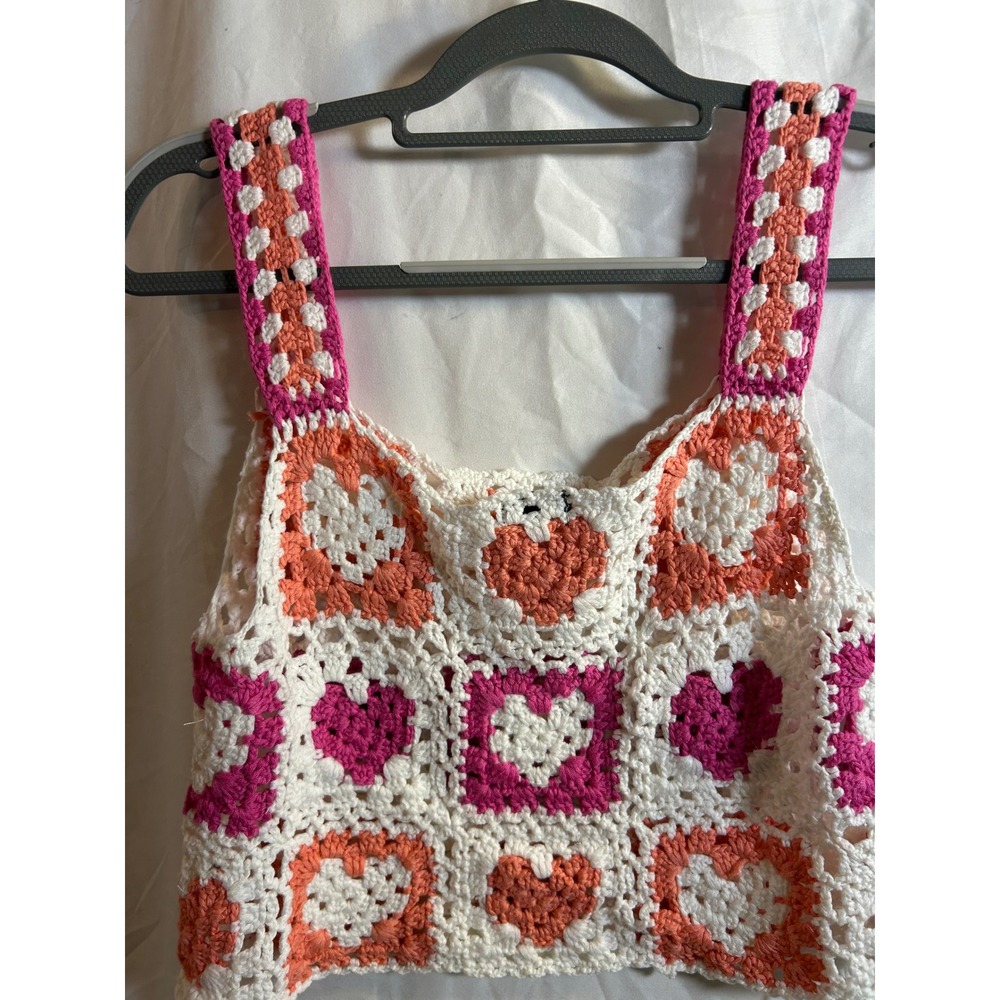 Debut Crochet Heart Granny Square Tank Top M/L Pink Orange White Crop Women